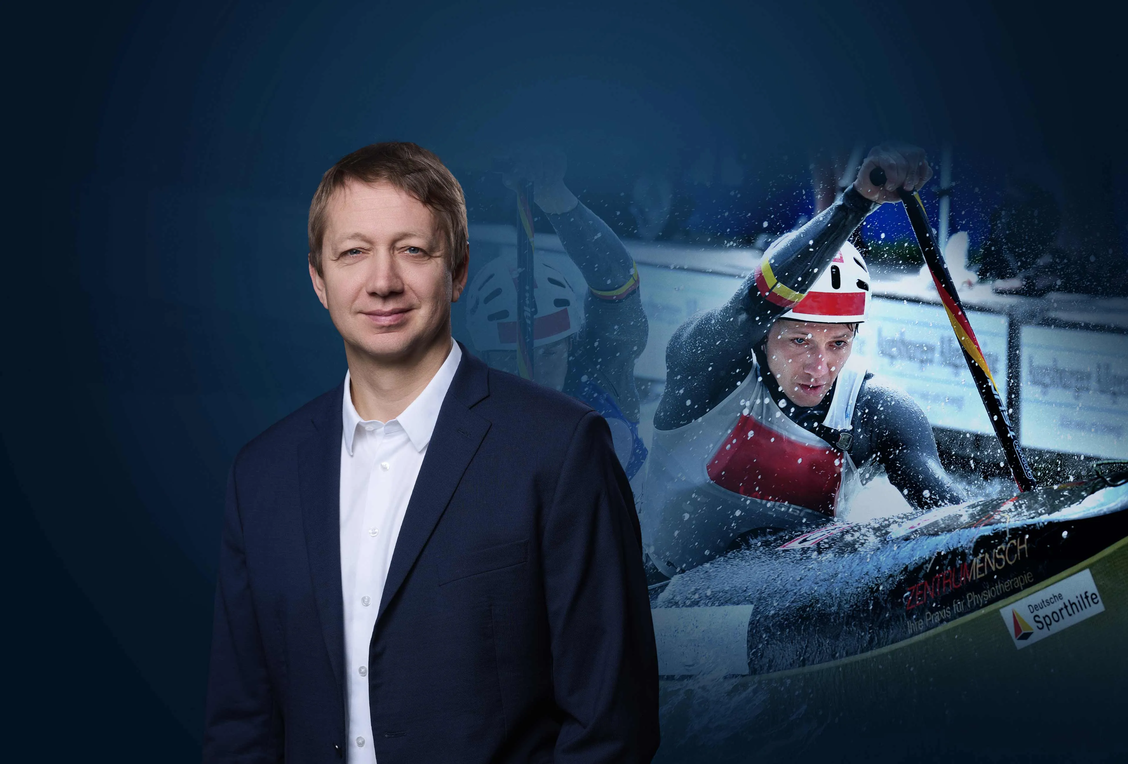 Lars Walter-Sinsel, GEGEN-Experte von SHAFTCONSULT, im Vordergrund; im Hintergrund er als Kanu-Wildwassersportler im Wettkampf